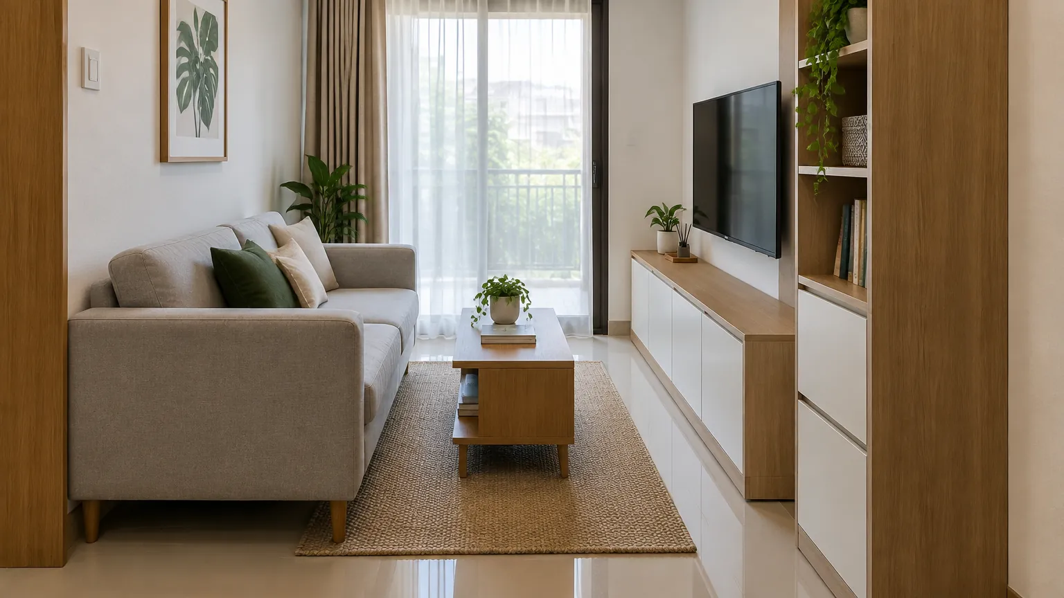 Ruang tamu sempit dengan sofa menghadap kabinet televisi