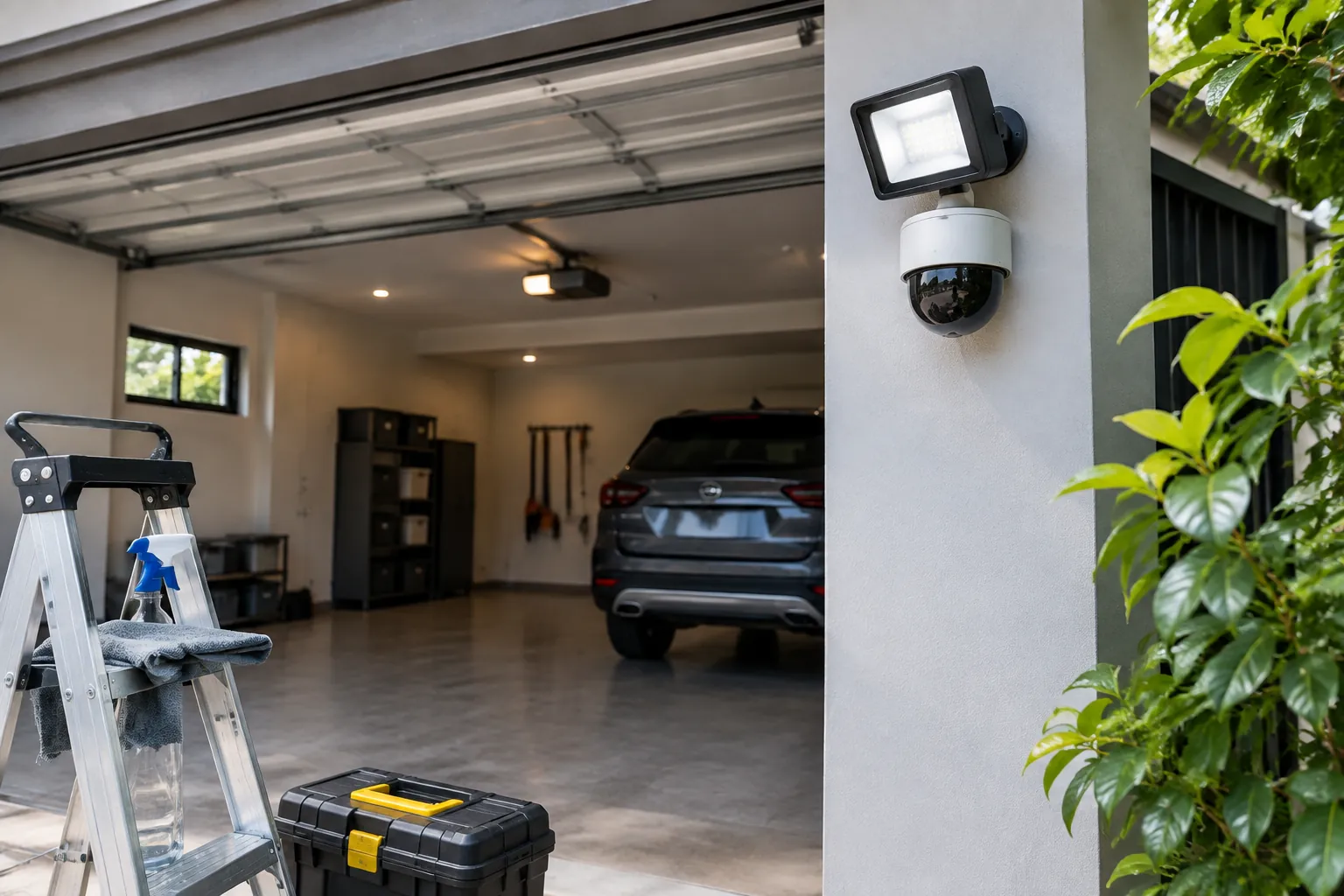 Lampu, kamera, dan sensor di dekat bukaan garasi