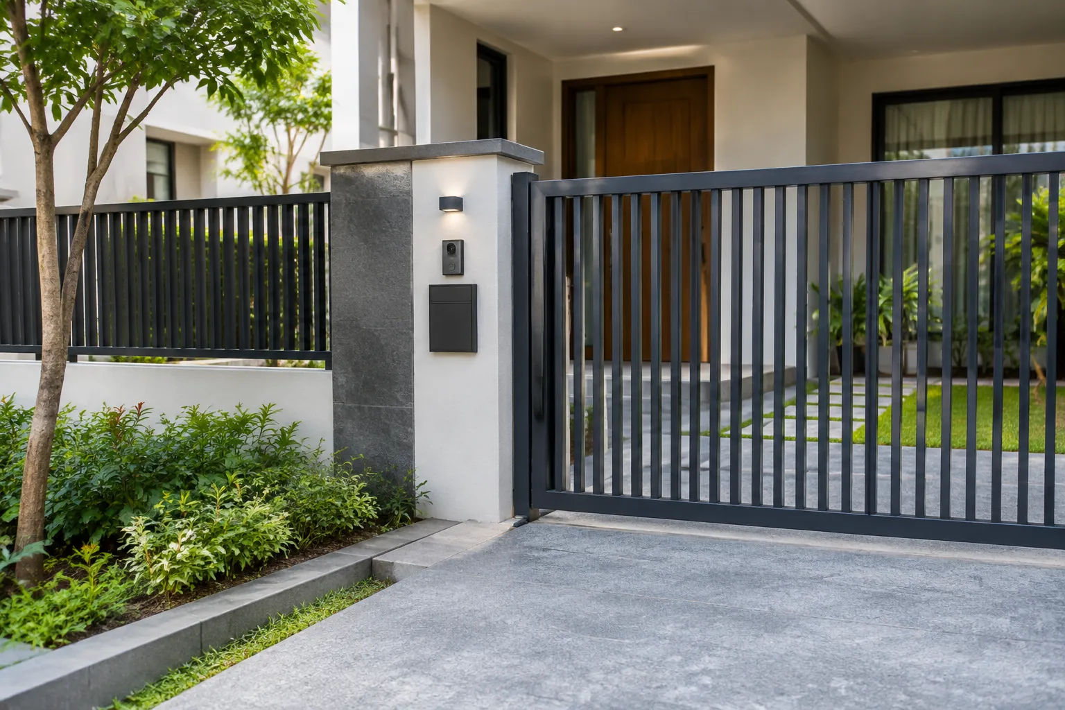 Gerbang bilah terbuka dan pilar akses rumah terlihat dari jalan