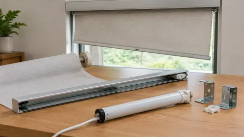 Komponen rel dan motor roller blind di bawah jendela