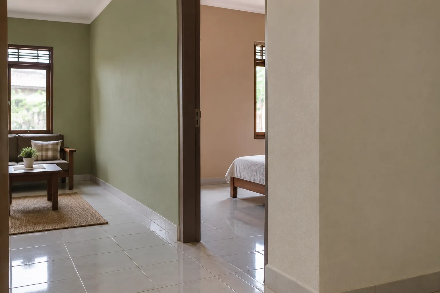Bidang dinding dengan warna berbeda terlihat melalui bukaan antarruang rumah kecil.