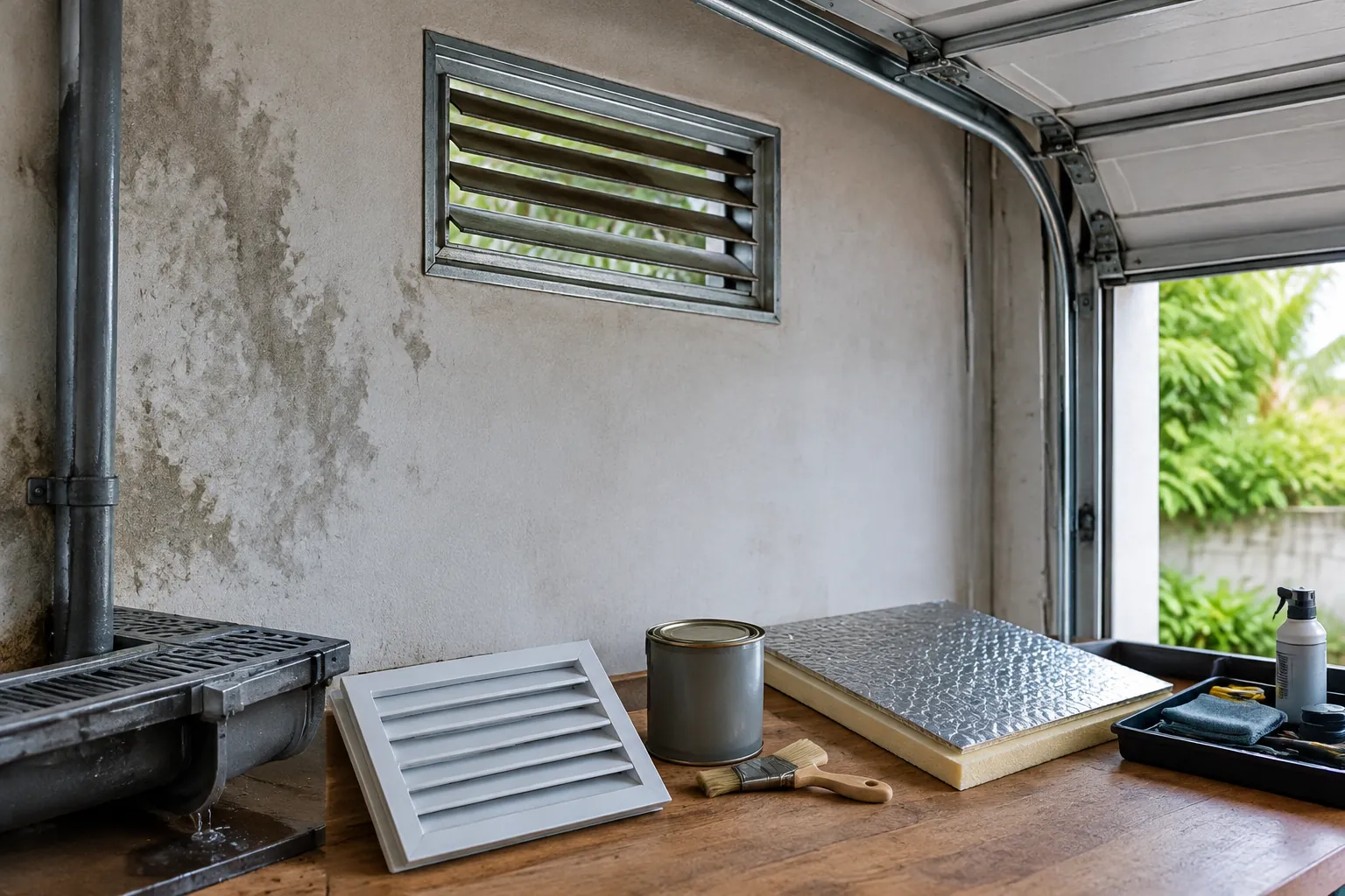 Ventilasi dinding dan bekas lembap di garasi