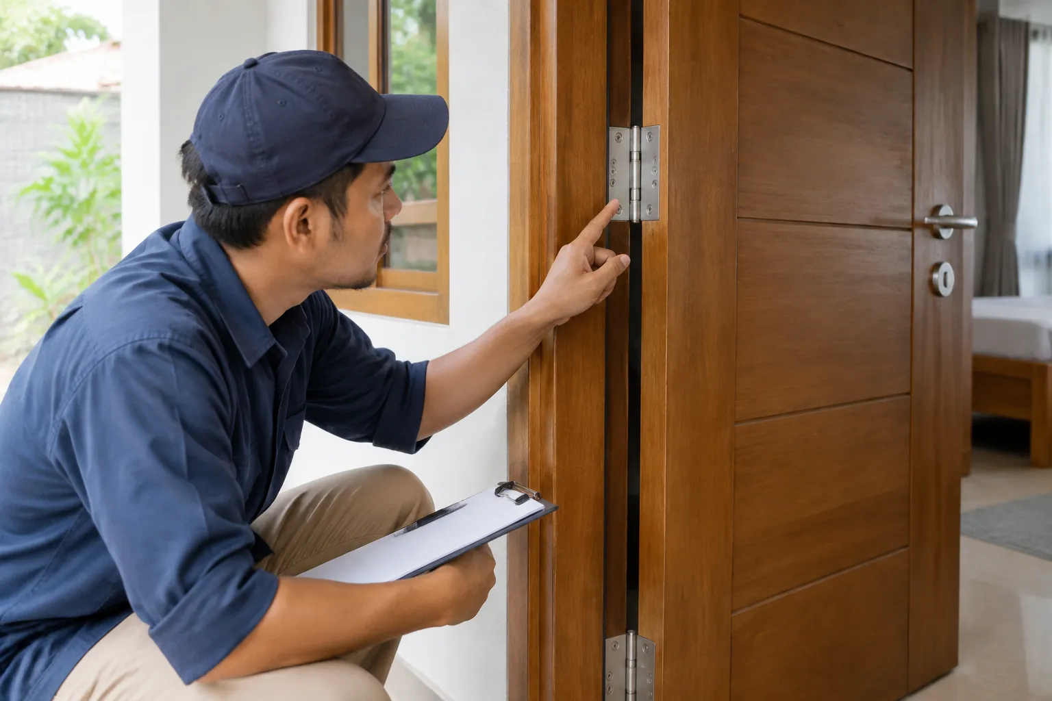 Pekerja memeriksa engsel dan kusen pintu kayu
