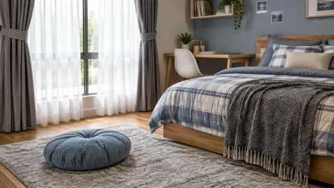 Kamar remaja dengan karpet, tirai, dan bantal bertekstur