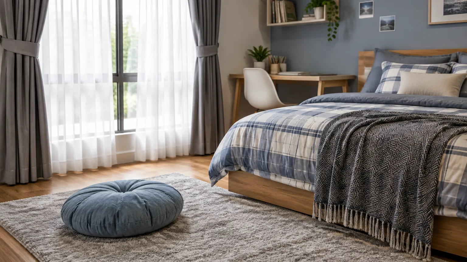 Kamar remaja dengan karpet, tirai, dan bantal bertekstur