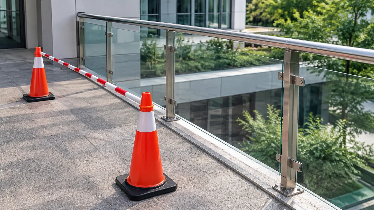 Railing balkon dipagari kerucut pengaman