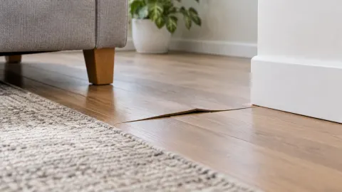 Papan lantai yang terangkat di dekat sofa