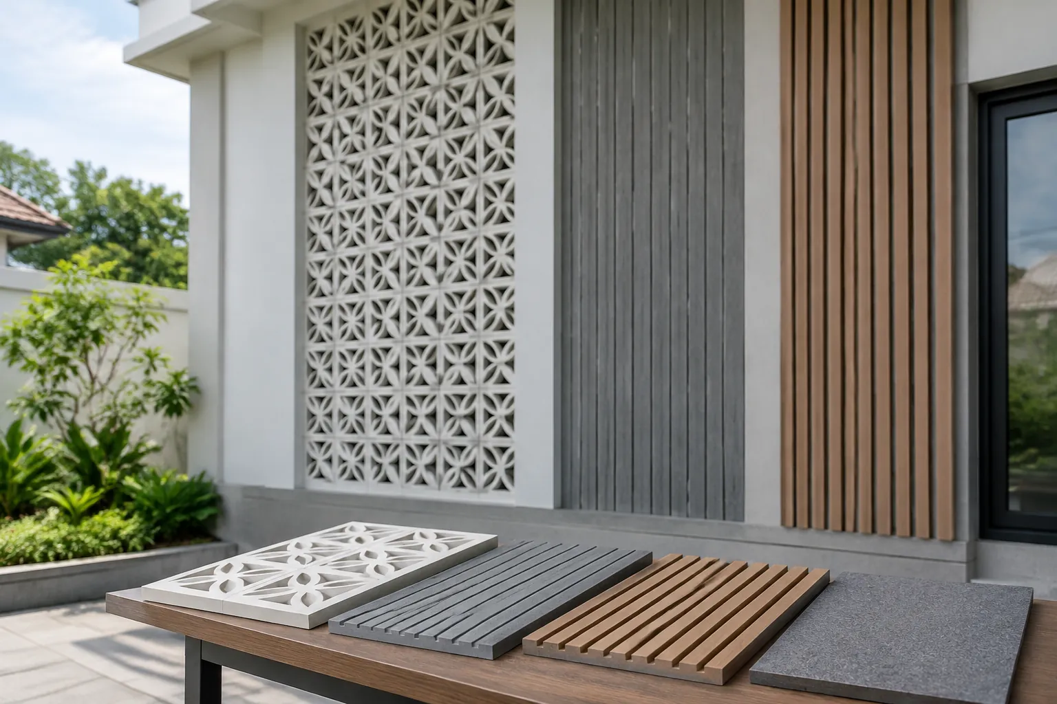 Contoh kisi, panel abu-abu, dan panel kayu di depan fasad