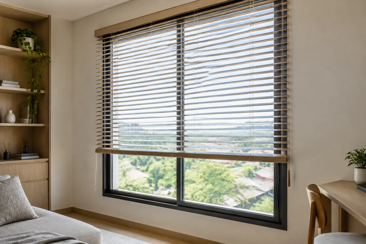 Venetian blind dipasang pada jendela besar ruang keluarga