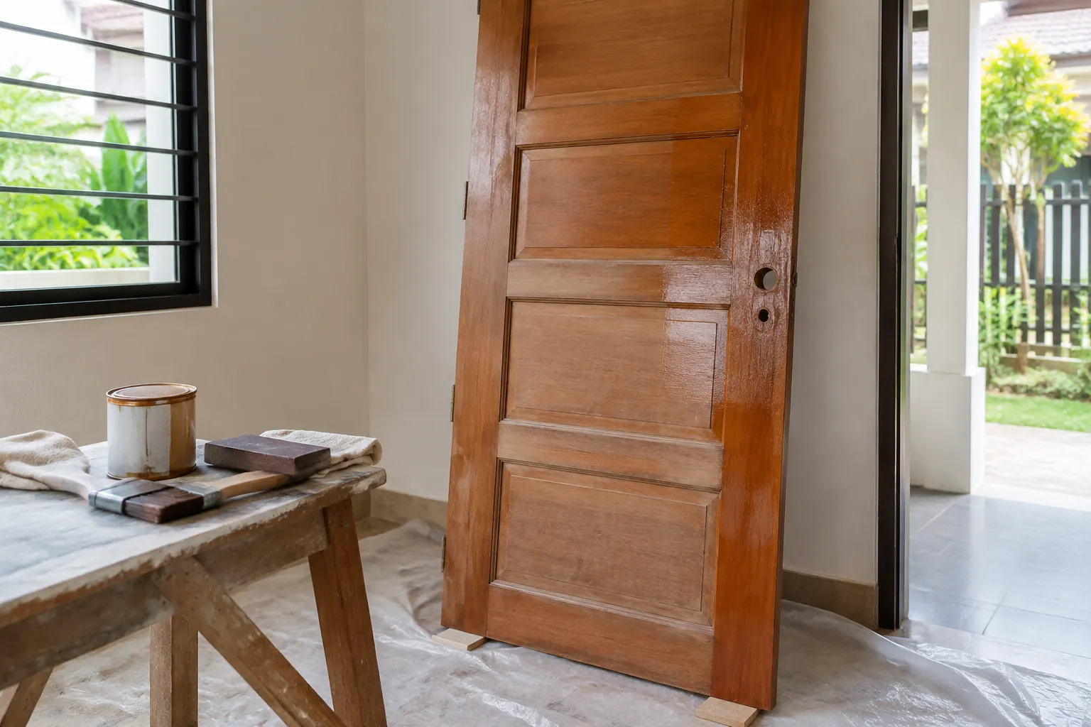 Pintu kayu terbuka dengan peralatan finishing di dekatnya