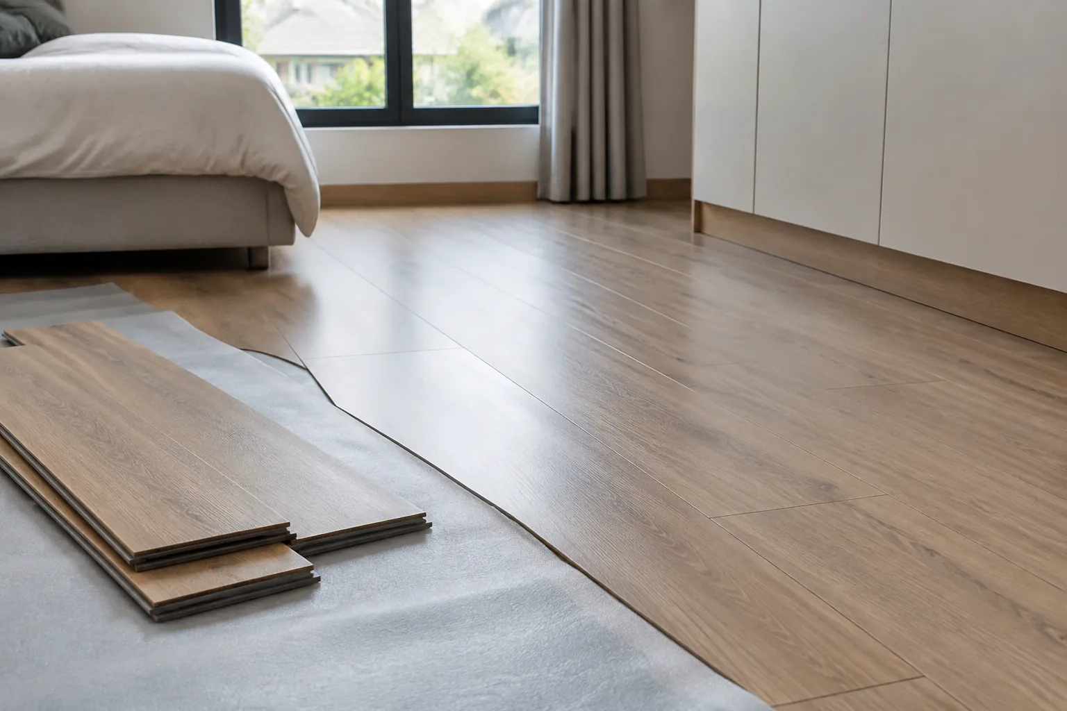Papan lantai laminasi sedang disusun di atas dasar ruang