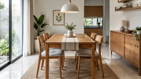 Meja makan kayu dengan enam kursi di ruang terang