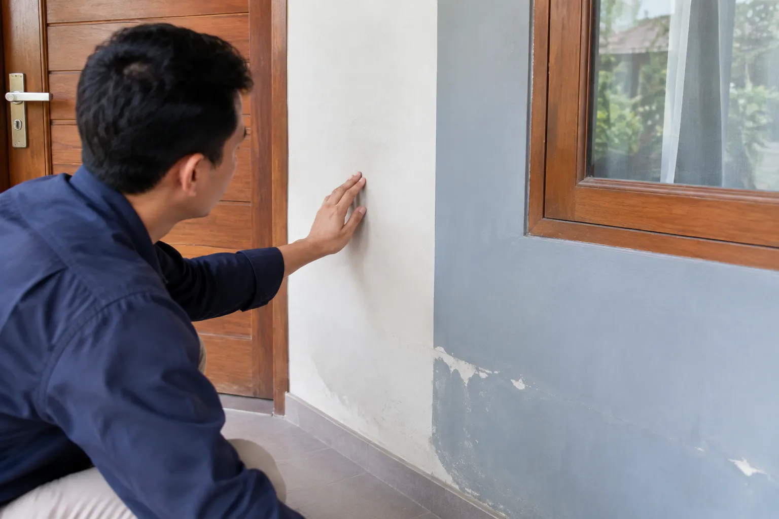 Seseorang memeriksa bagian dinding yang catnya rusak