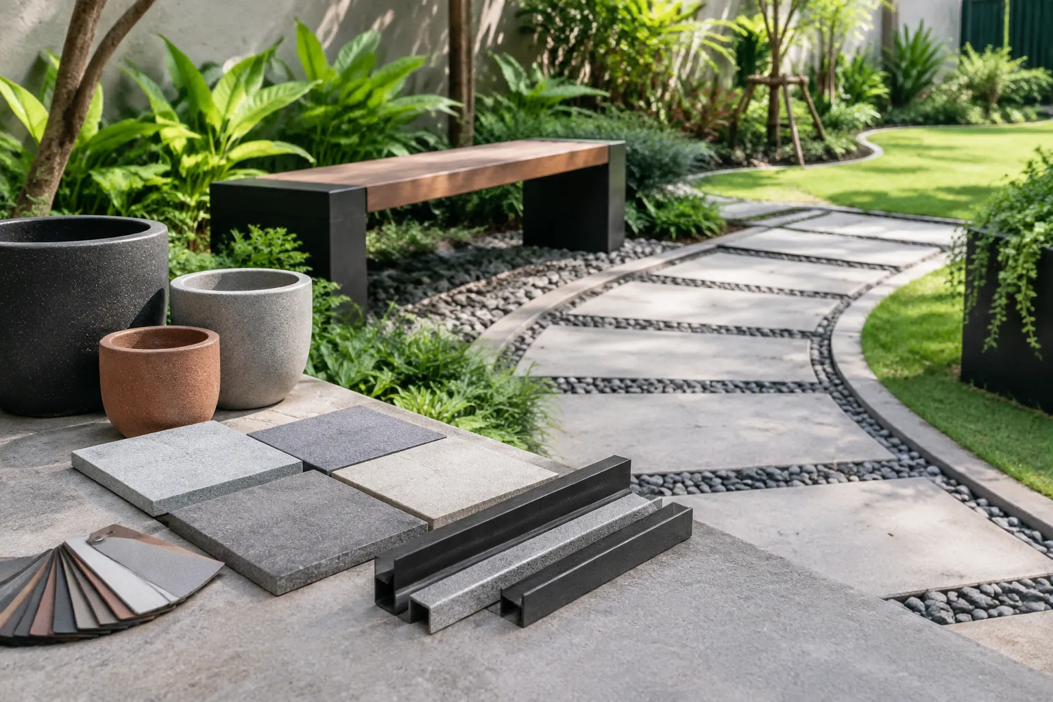 Sampel batu, pot, dan bahan jalur ditata di taman