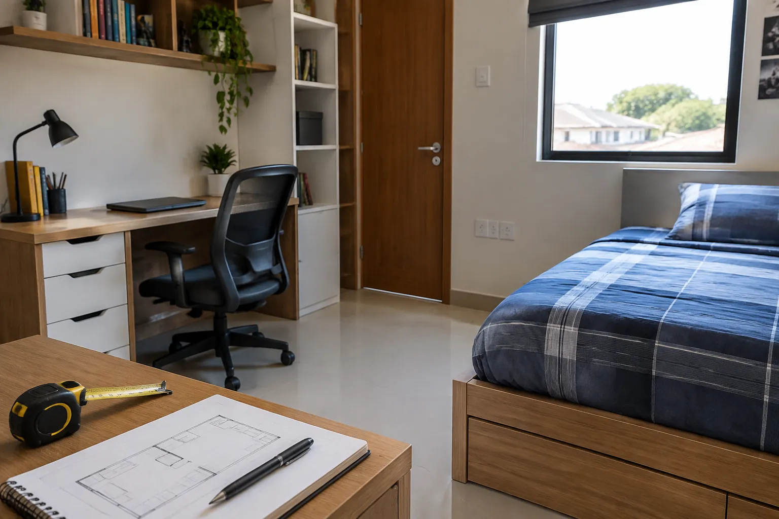 Kamar remaja dengan tempat tidur, meja belajar, dan alat ukur