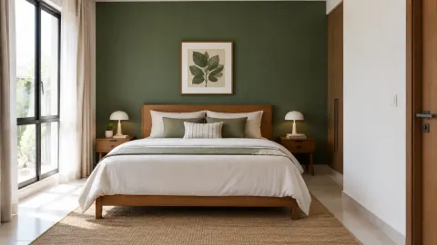 Kamar tidur dengan dinding aksen hijau di belakang tempat tidur