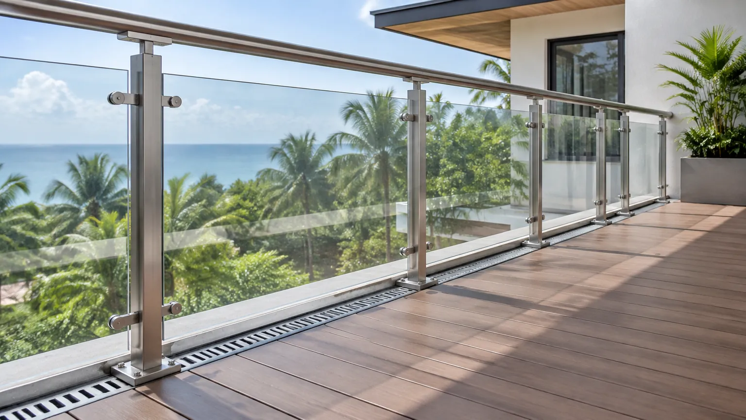 Railing kaca dan logam pada balkon menghadap kawasan pantai