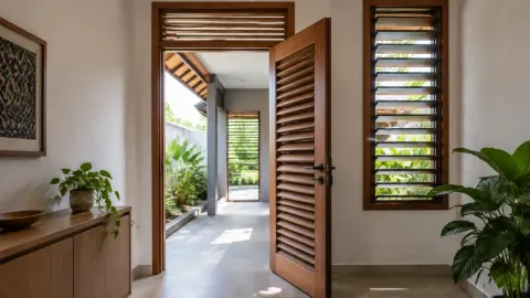 Pintu berkisi terbuka pada rumah dengan bukaan ke luar