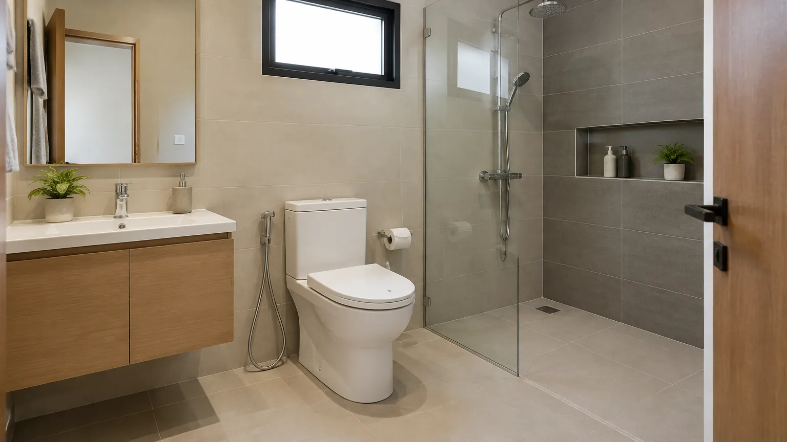Wastafel, kloset, dan pancuran tersusun dalam kamar mandi