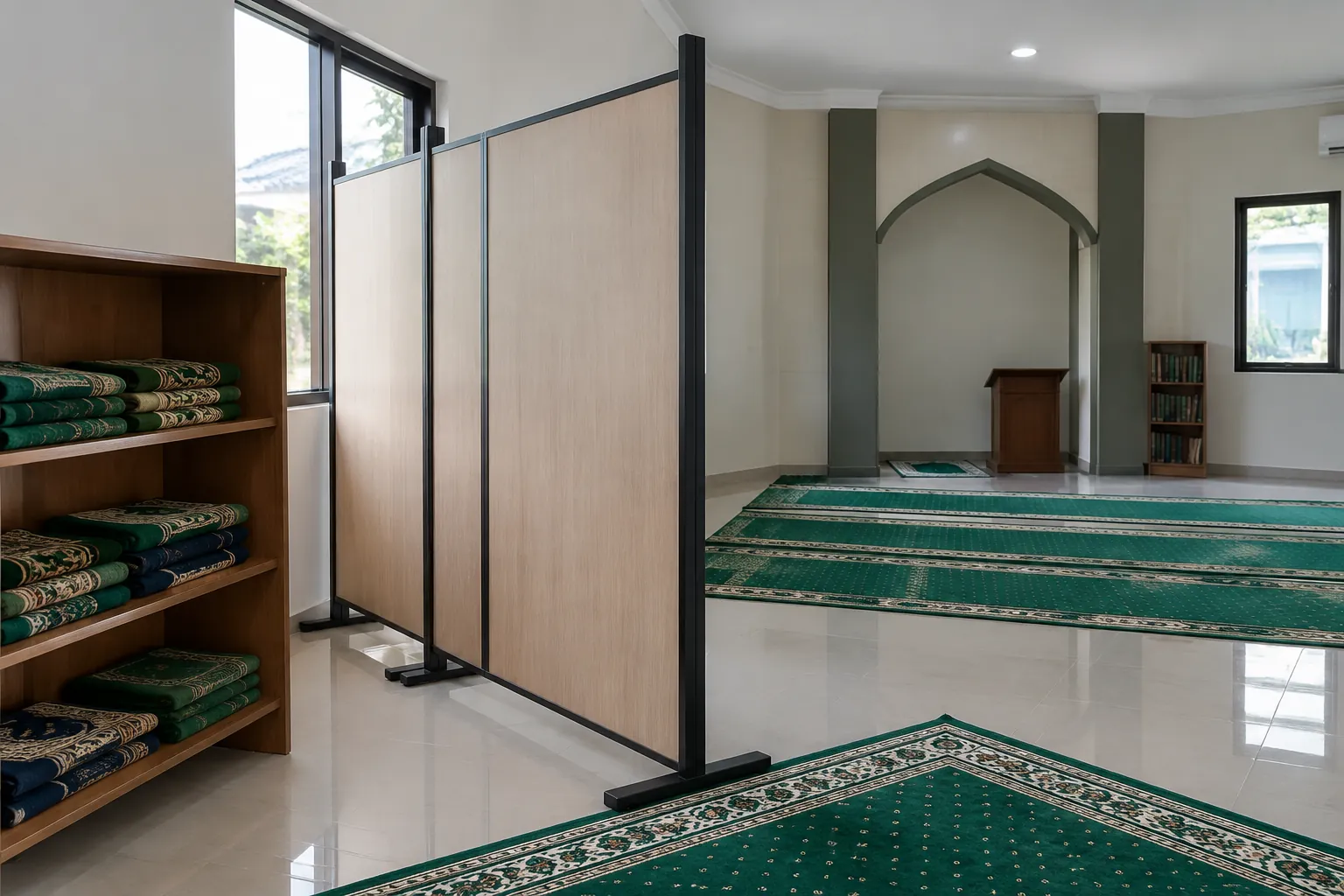 Musala dengan partisi pemisah dan rak penyimpanan
