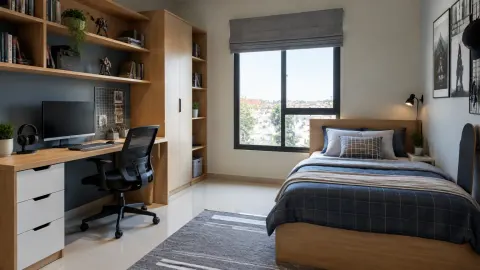 Kamar remaja dengan tempat tidur, meja, dan rak