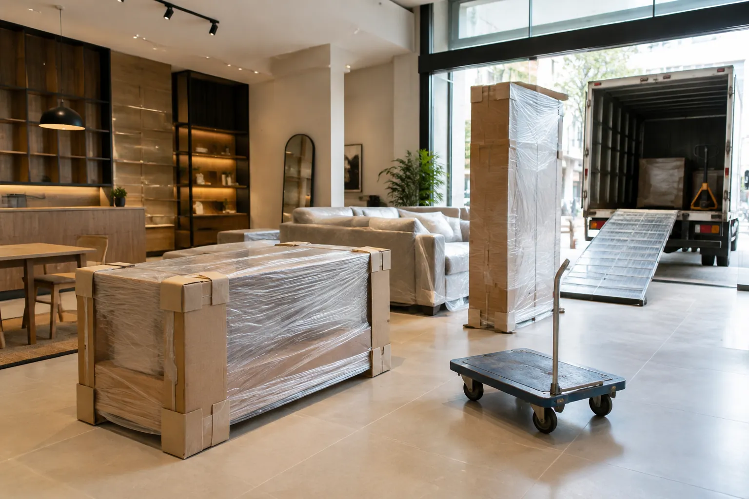 Furnitur toko terbungkus dan peti pengiriman dibawa masuk untuk pemasangan