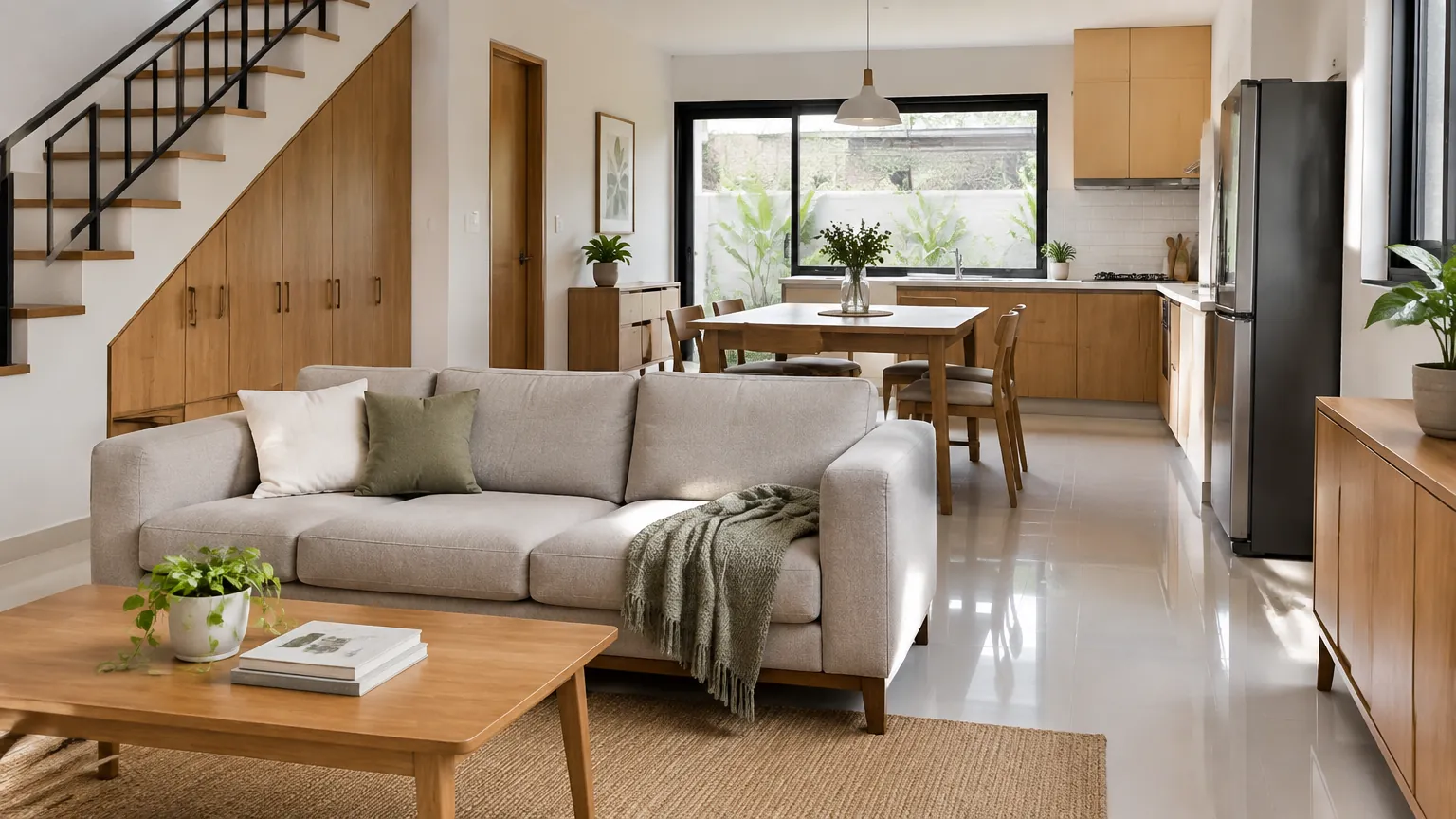 Ruang keluarga terbuka dengan sofa menghadap area makan