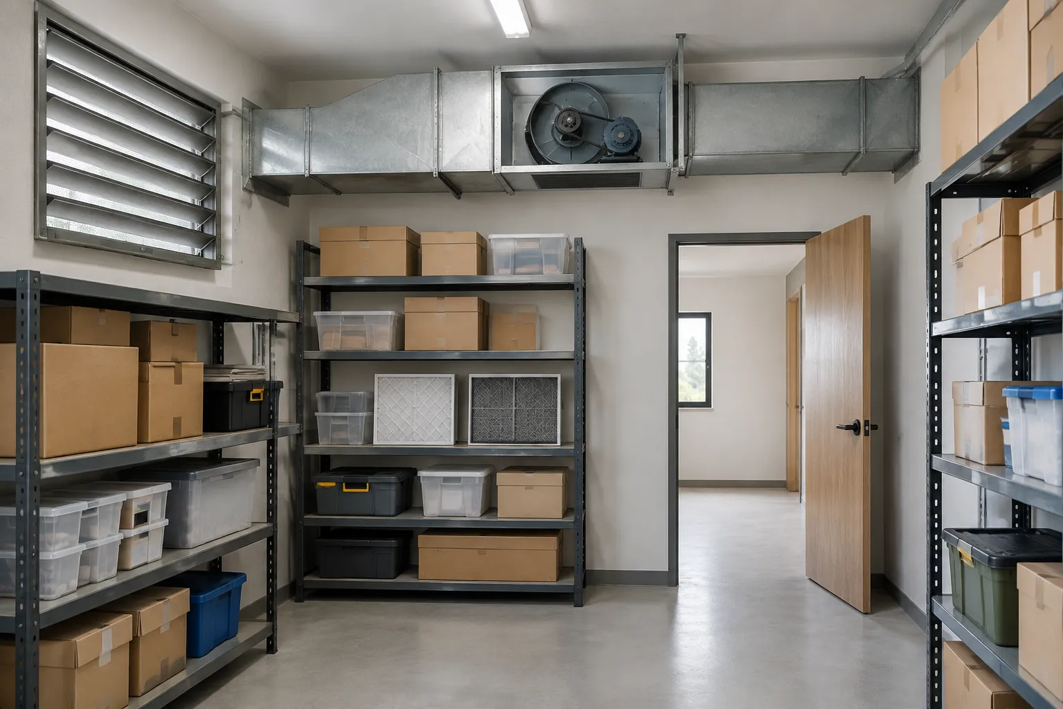 Kipas, duct, dan kisi ventilasi di atas rak gudang