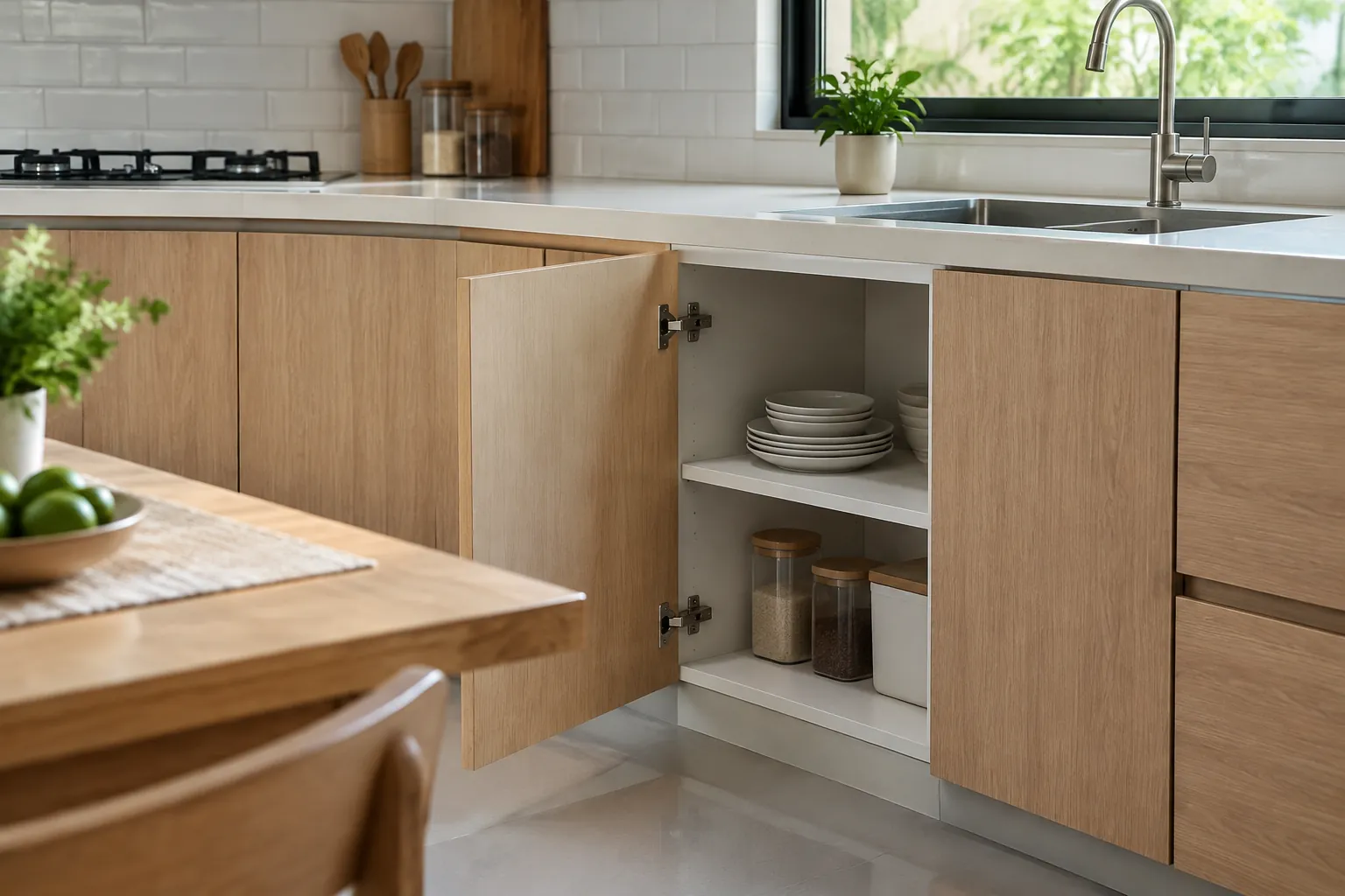 Kabinet dapur terbuka di dekat wastafel