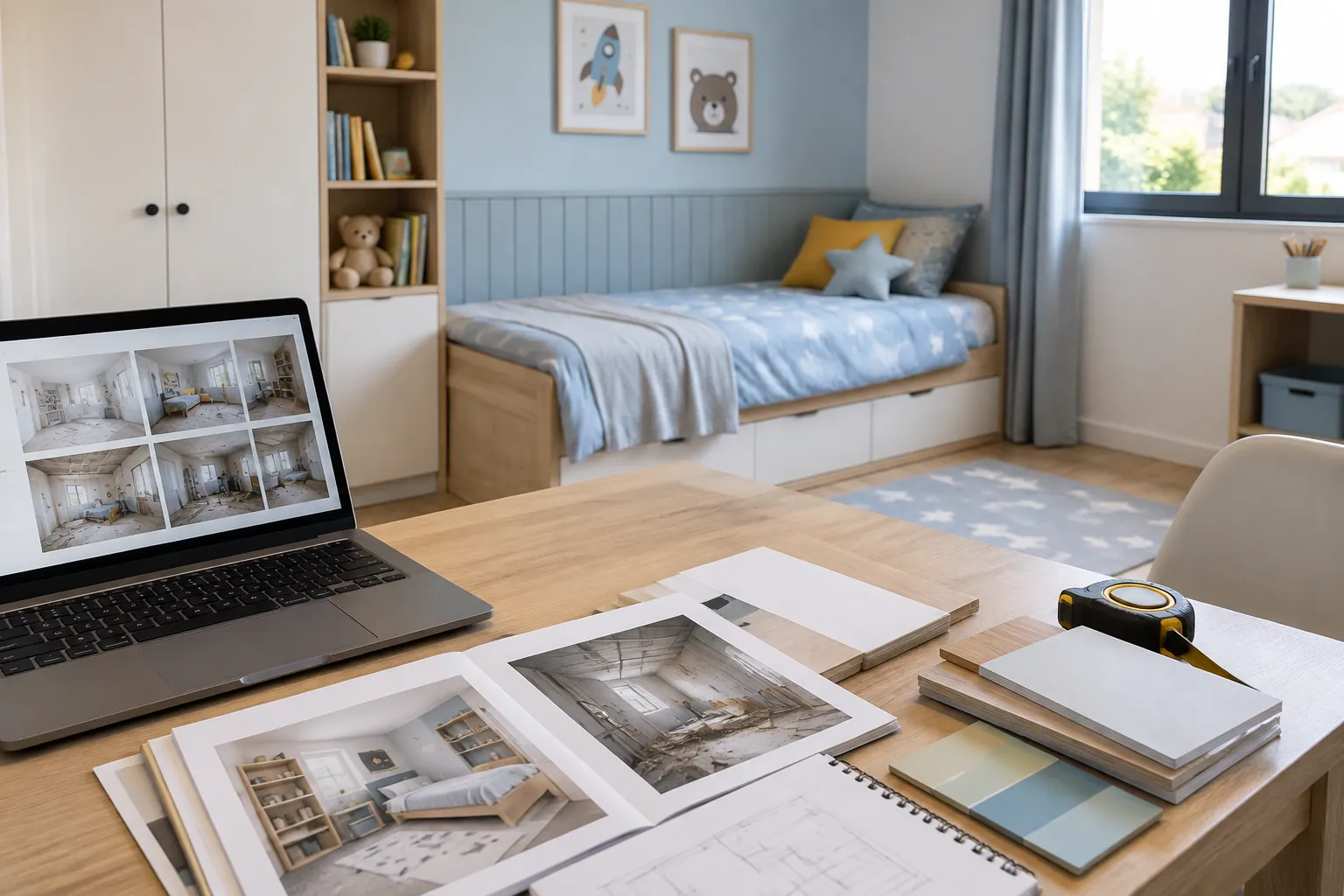 Portofolio foto interior dan gambar proyek diperiksa di laptop serta buku