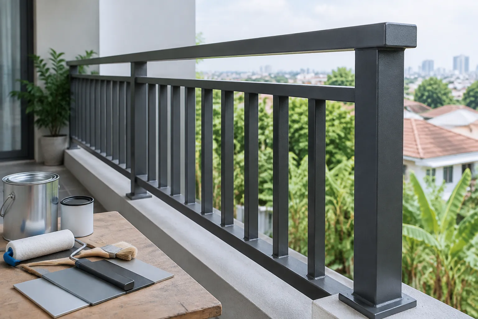 Railing logam gelap di balkon rumah