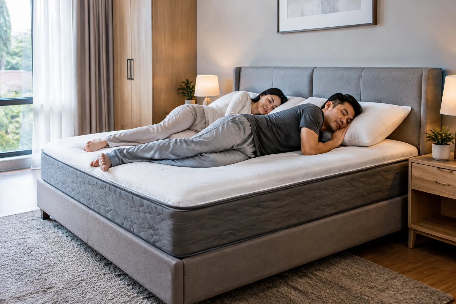 Pengguna berbaring di atas kasur untuk mencoba posisi tidur