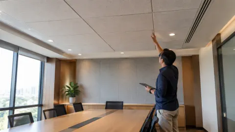 Seseorang memeriksa plafon ruang rapat dari lantai