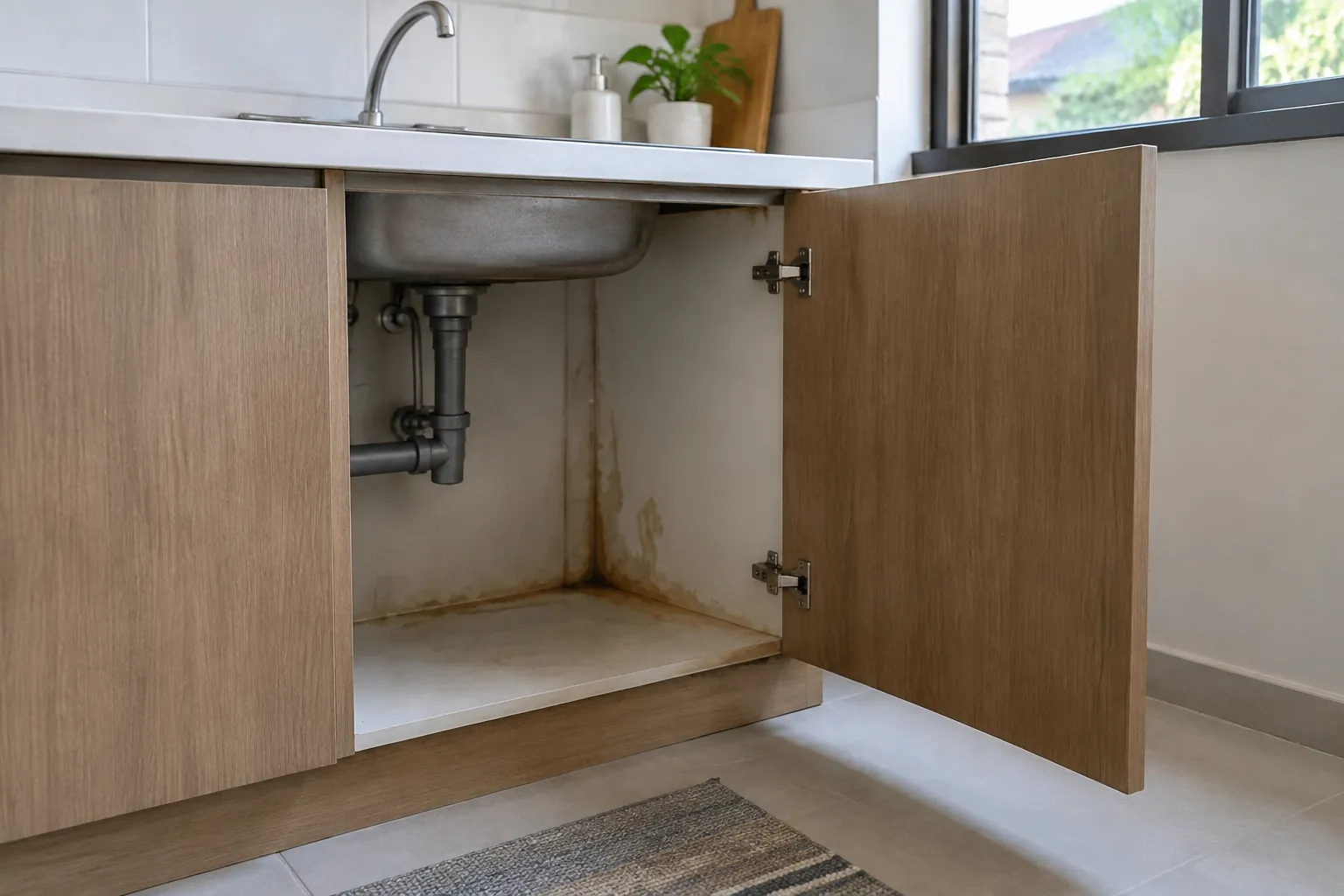 Bagian bawah bak cuci dengan bekas air pada kabinet