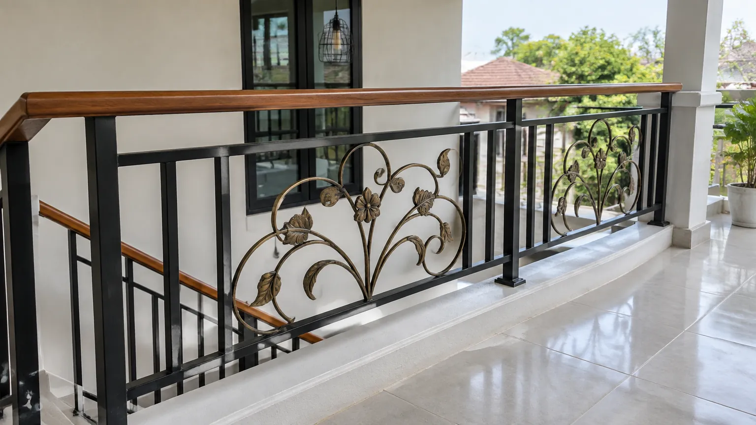 Railing balkon besi dengan ornamen lengkung dan pegangan kayu