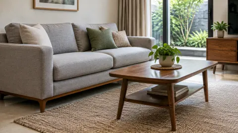Sofa dan meja kayu di ruang tamu dekat jendela