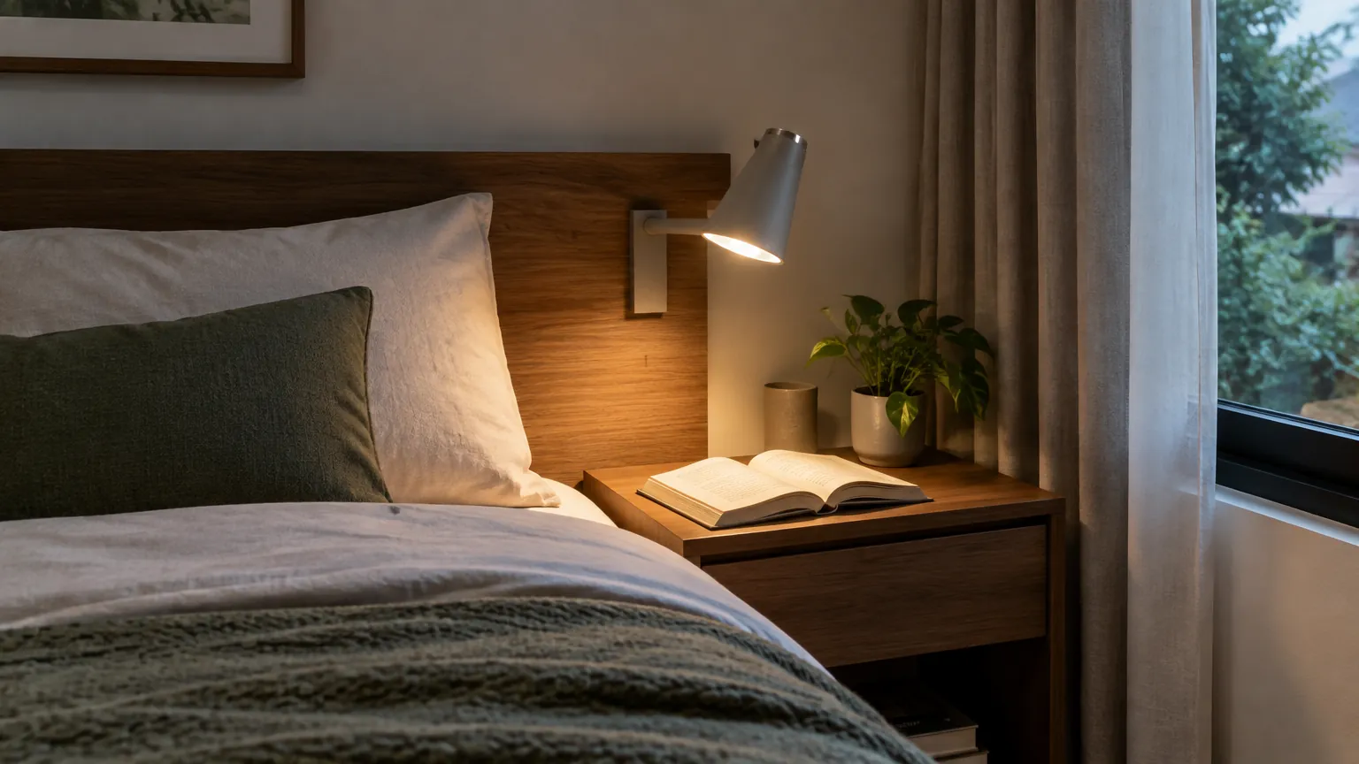 Lampu baca di samping tempat tidur dengan buku terbuka