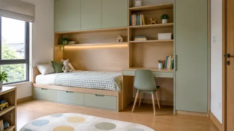 Kamar anak dengan tempat tidur dan meja built-in
