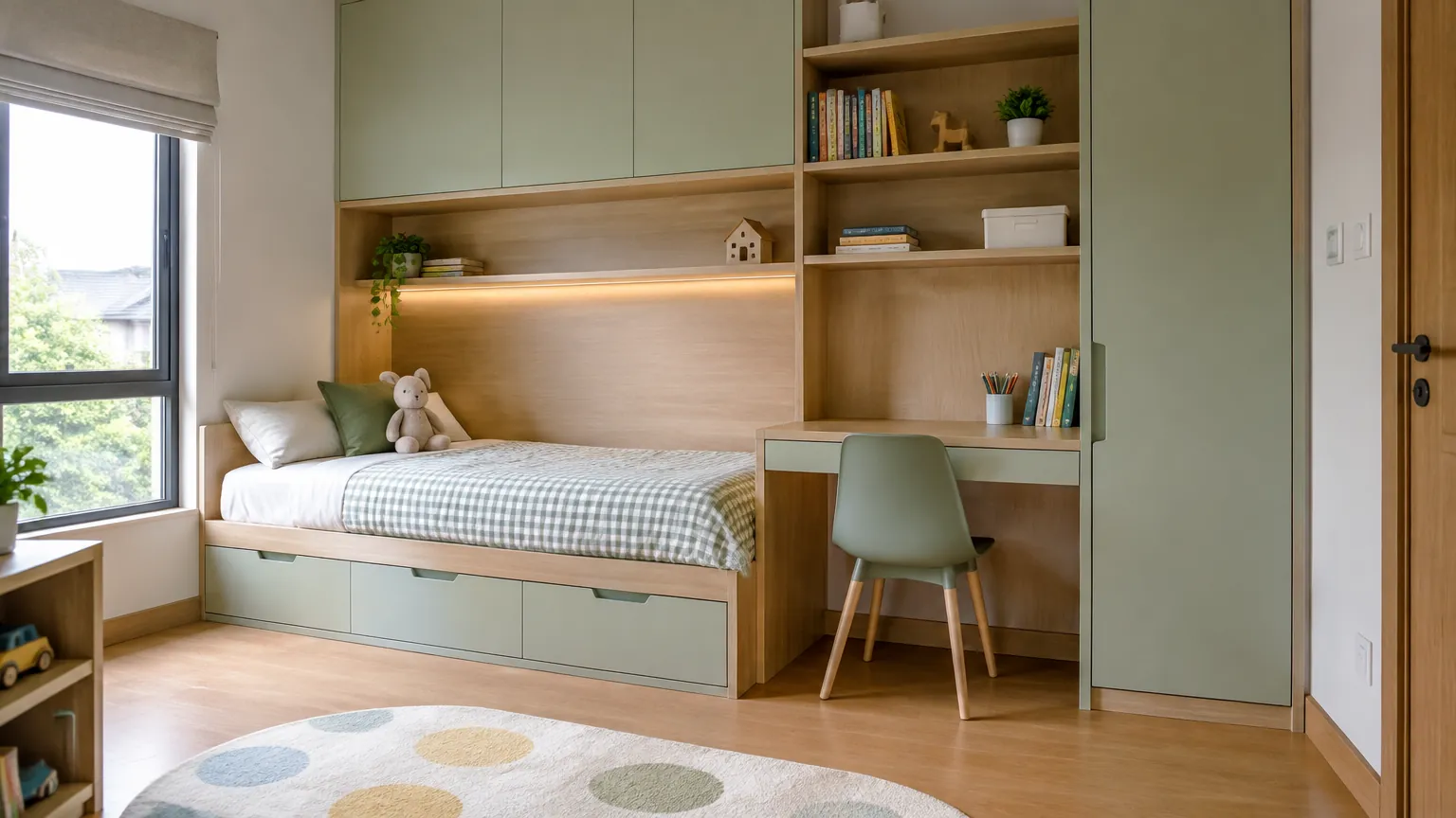 Kamar anak dengan tempat tidur dan meja built-in