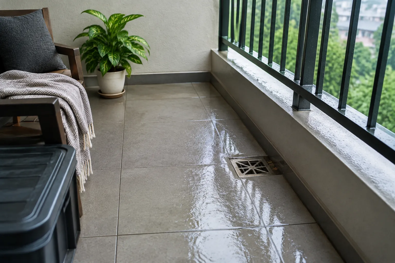 Air menggenang pada lantai balkon dekat pagar