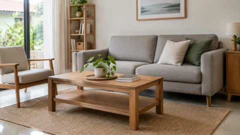 Sofa abu-abu dan meja kayu di ruang duduk sederhana