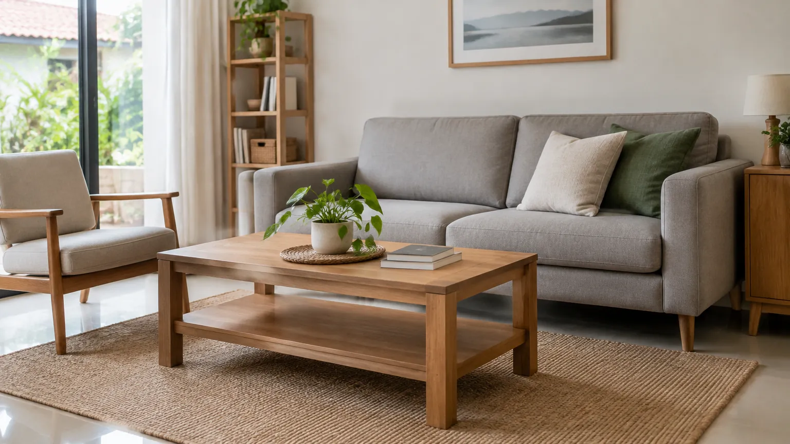 Sofa abu-abu dan meja kayu di ruang duduk sederhana