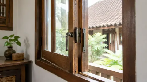 Jendela kayu dengan gagang logam dan pemandangan halaman