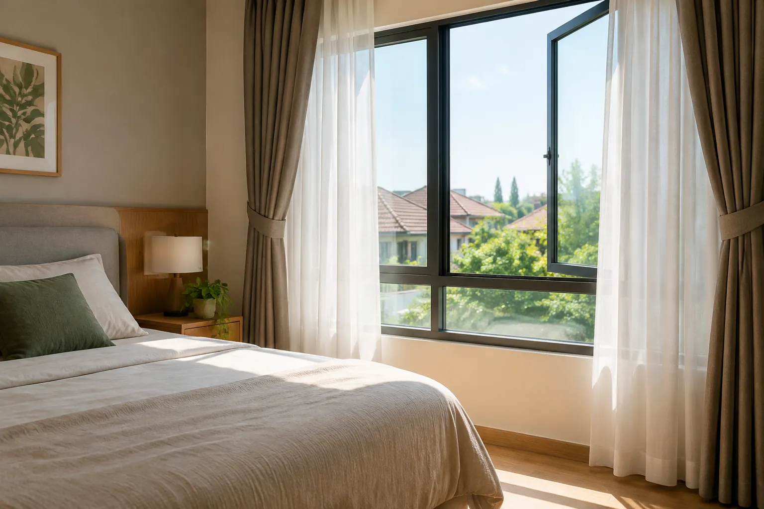 Tirai membatasi cahaya matahari yang masuk melalui jendela kamar tidur
