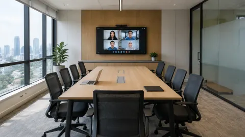 Ruang rapat dengan meja panjang dan layar konferensi