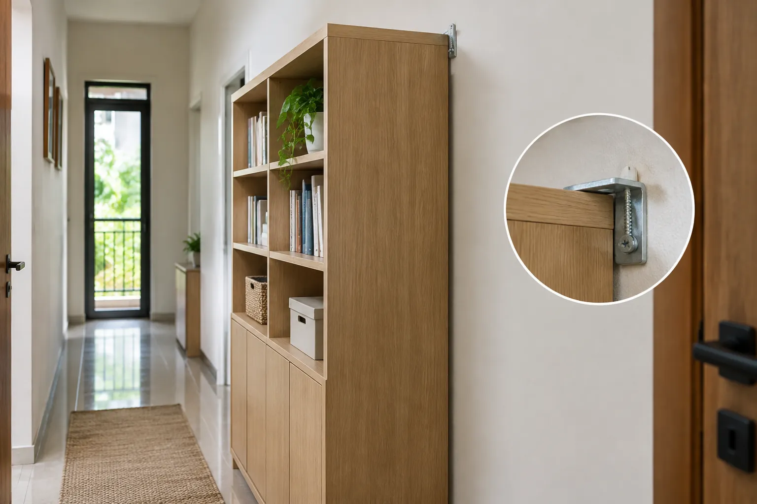 Lemari kayu di lorong dengan detail engsel pada inset gambar