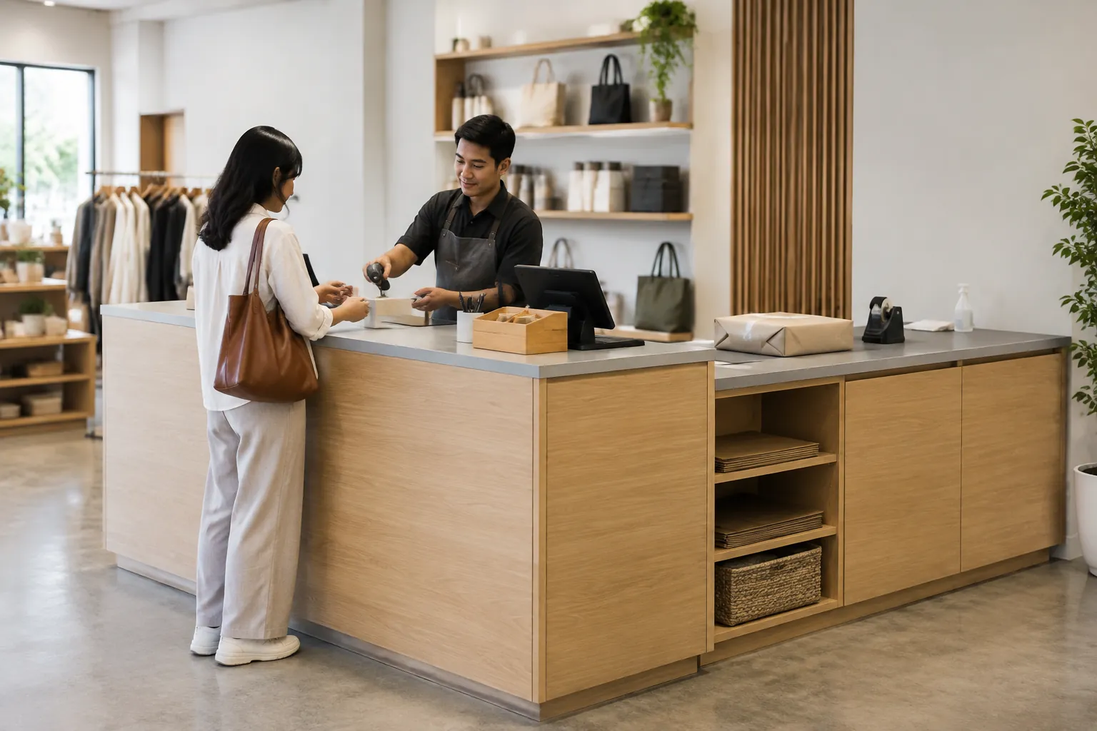 Petugas melayani pelanggan di counter toko dengan peralatan tersimpan di bawahnya