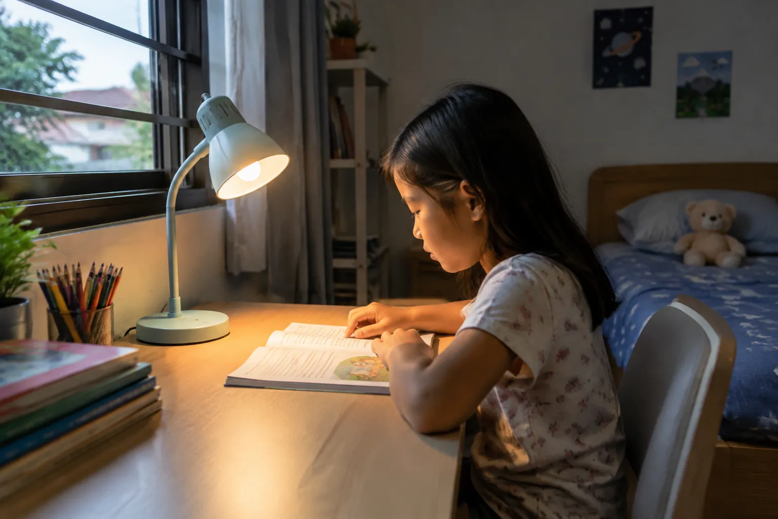 Anak membaca dengan lampu meja di kamar