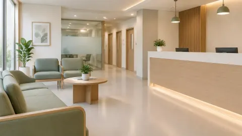 Area duduk dan meja penerima di klinik wellness