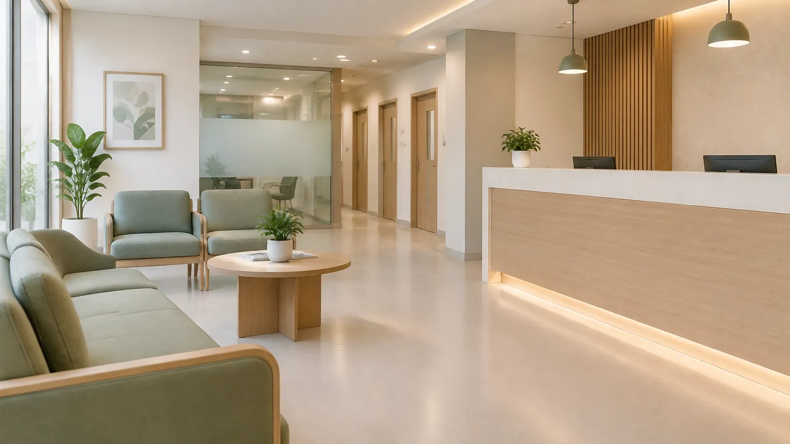 Area duduk dan meja penerima di klinik wellness